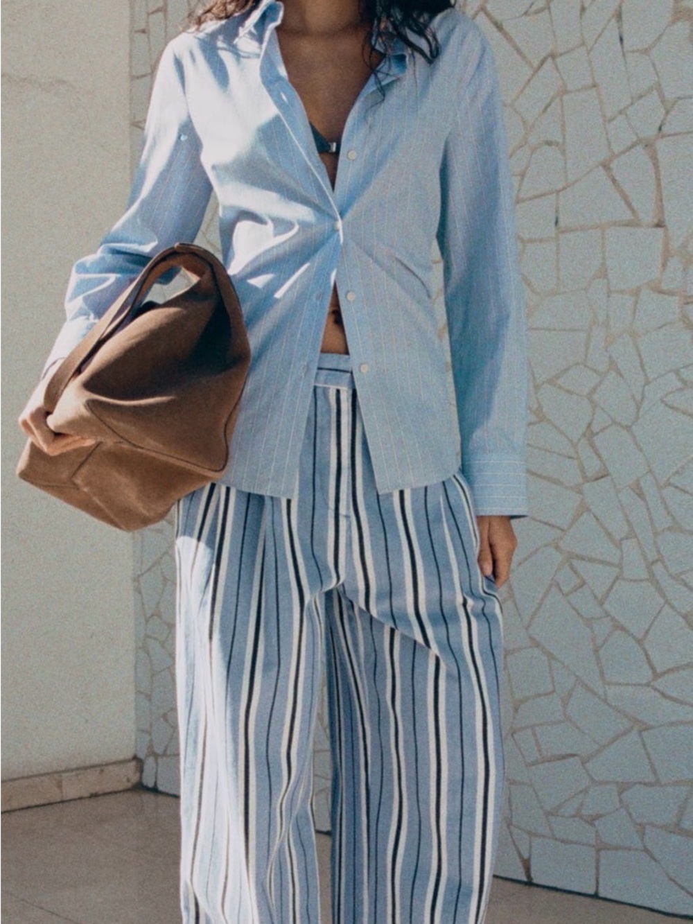Mango Light Blue and White Striped Wide-Leg Trousers